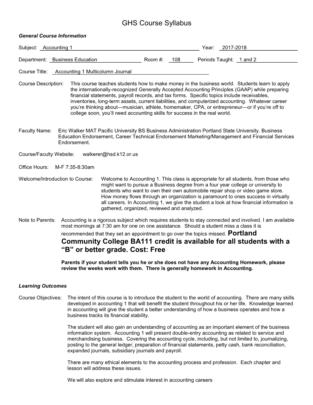 GHS Course Syllabus