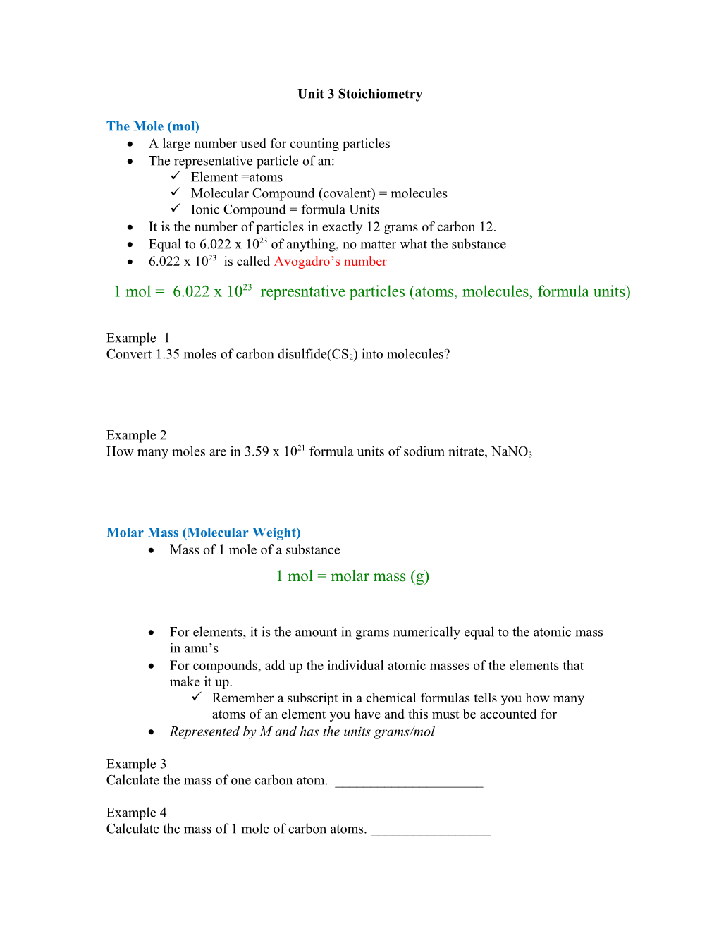 Unit 3 Stoichiometry