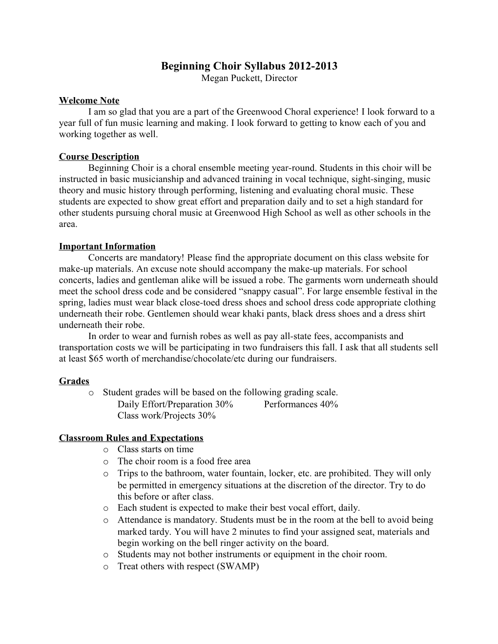 SSA Choir Syllabus