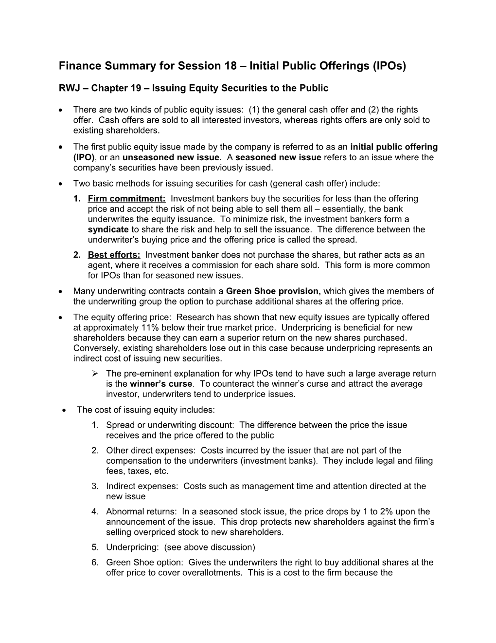 Finance Summary for Session 18 Initial Public Offerings (Ipos)