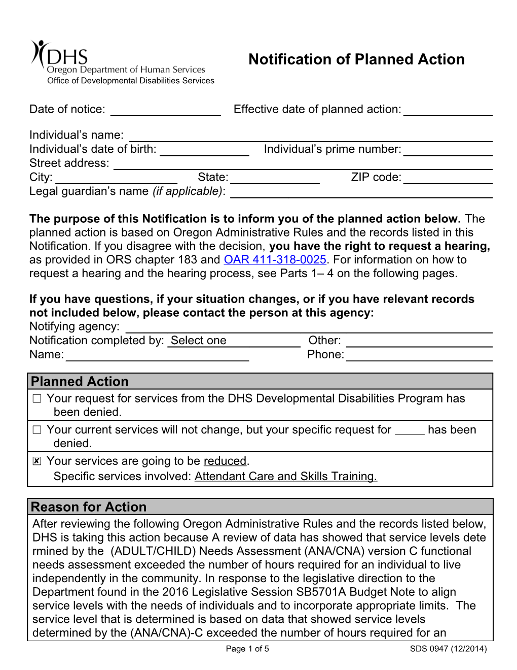 Notification of Planned Action Reduction Template