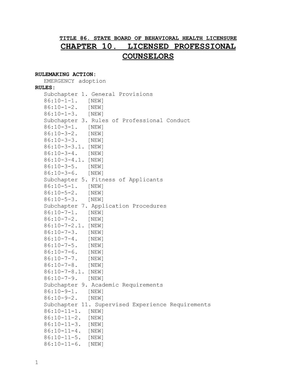 Title 86. State Board of Behavioral Health Licensure