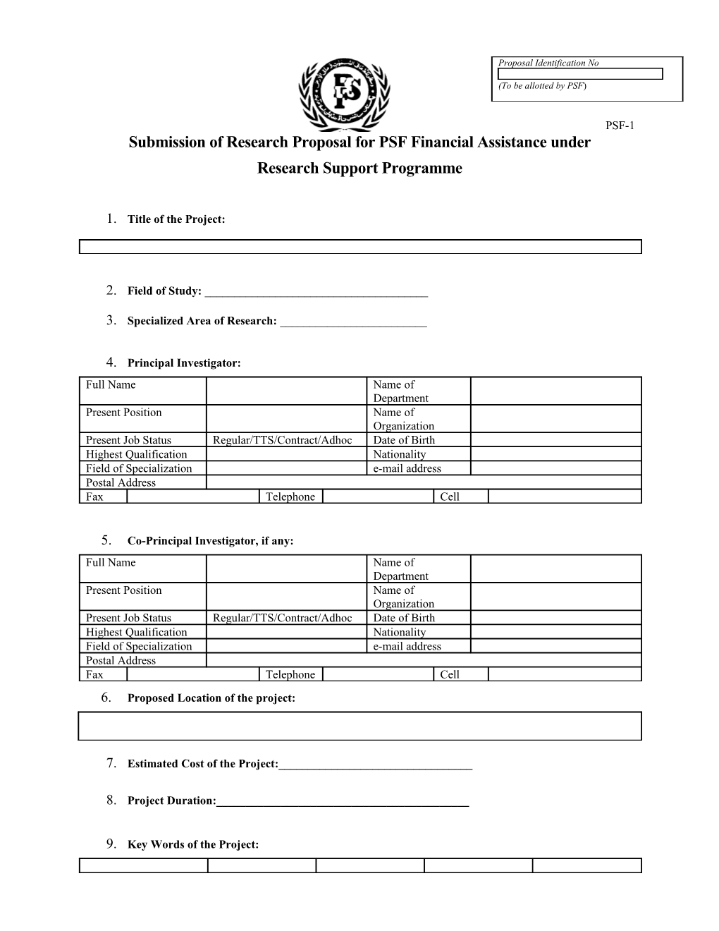 Submission of Research Proposal for PSF Financial Assistance Under