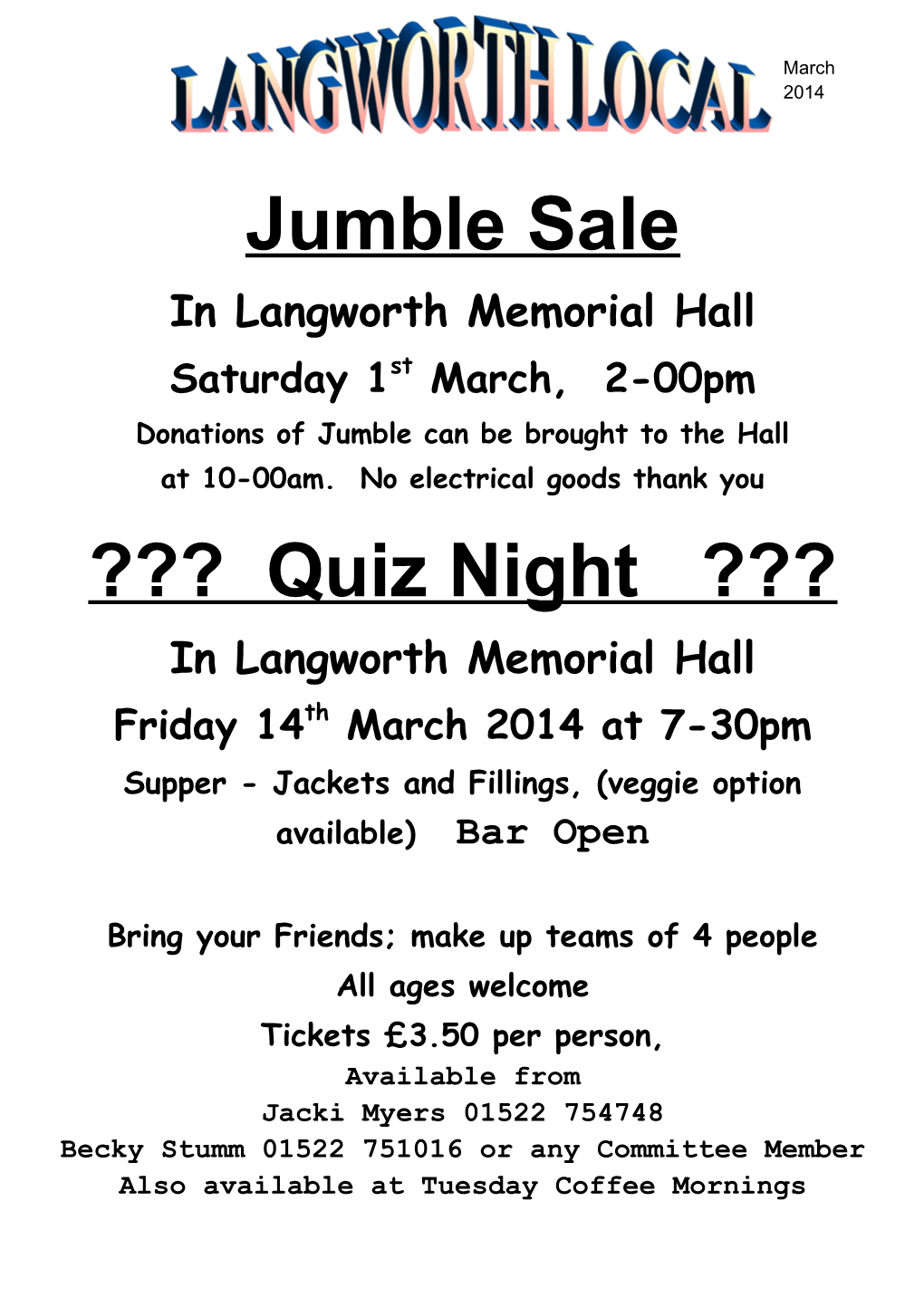 Donations of Jumble Can Be Brought to the Hall