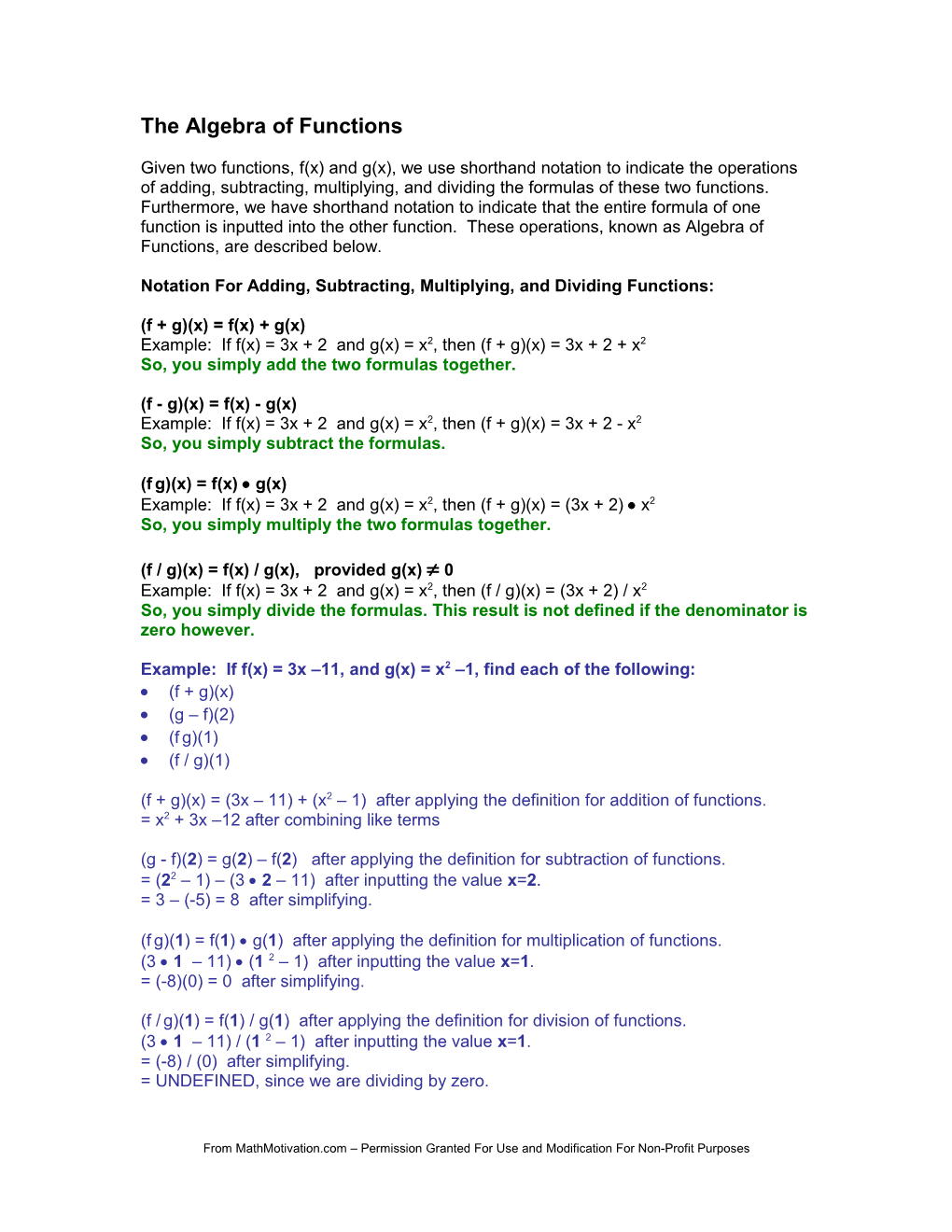 Notation for Adding, Subtracting, Multiplying, and Dividing Functions