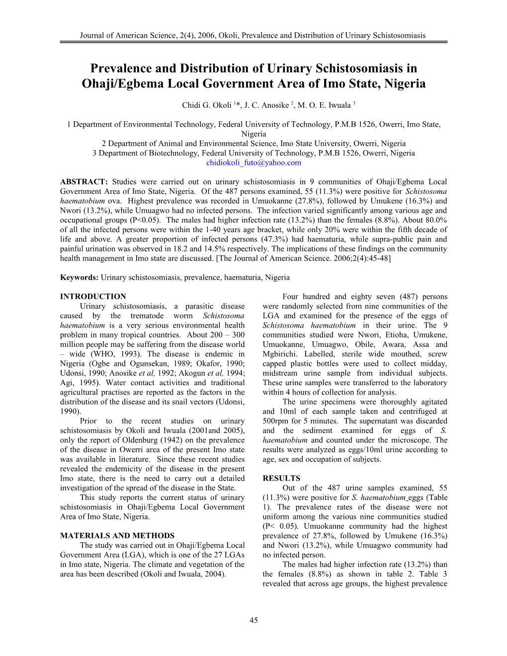Prevalence and Distribution of Urinary Schistosomiasis in Ohaji/Egbema Local Government