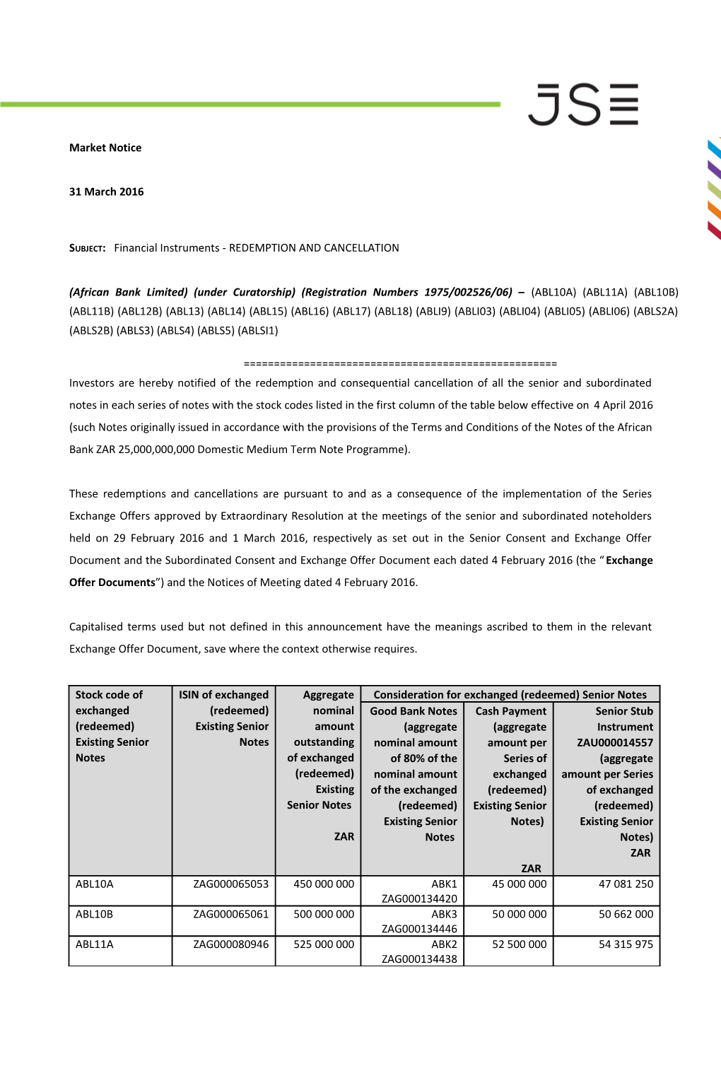 Subject: Financial Instruments - REDEMPTION and CANCELLATION