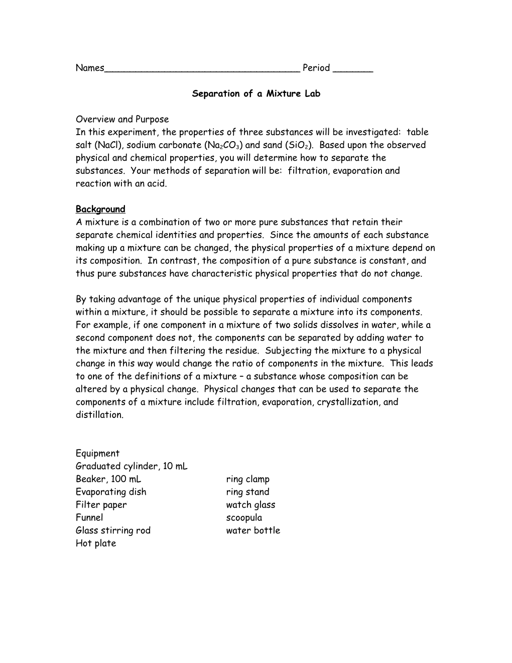 Separation of a Mixture Lab