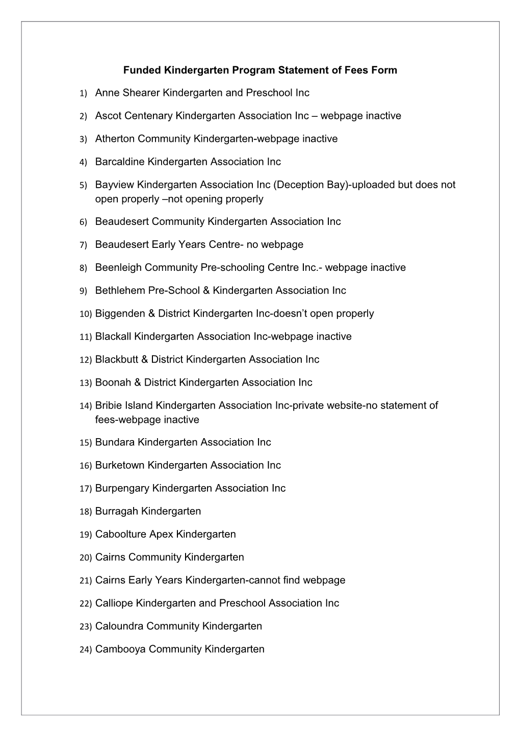 Funded Kindergarten Program Statement of Fees Form