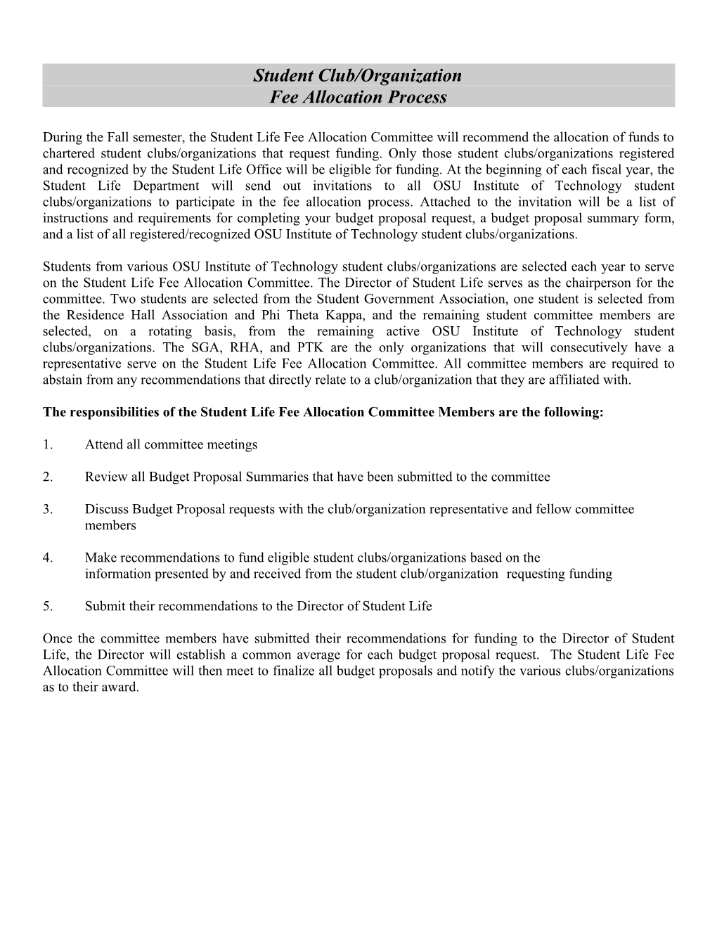 Student Organization Fee Allocation Process