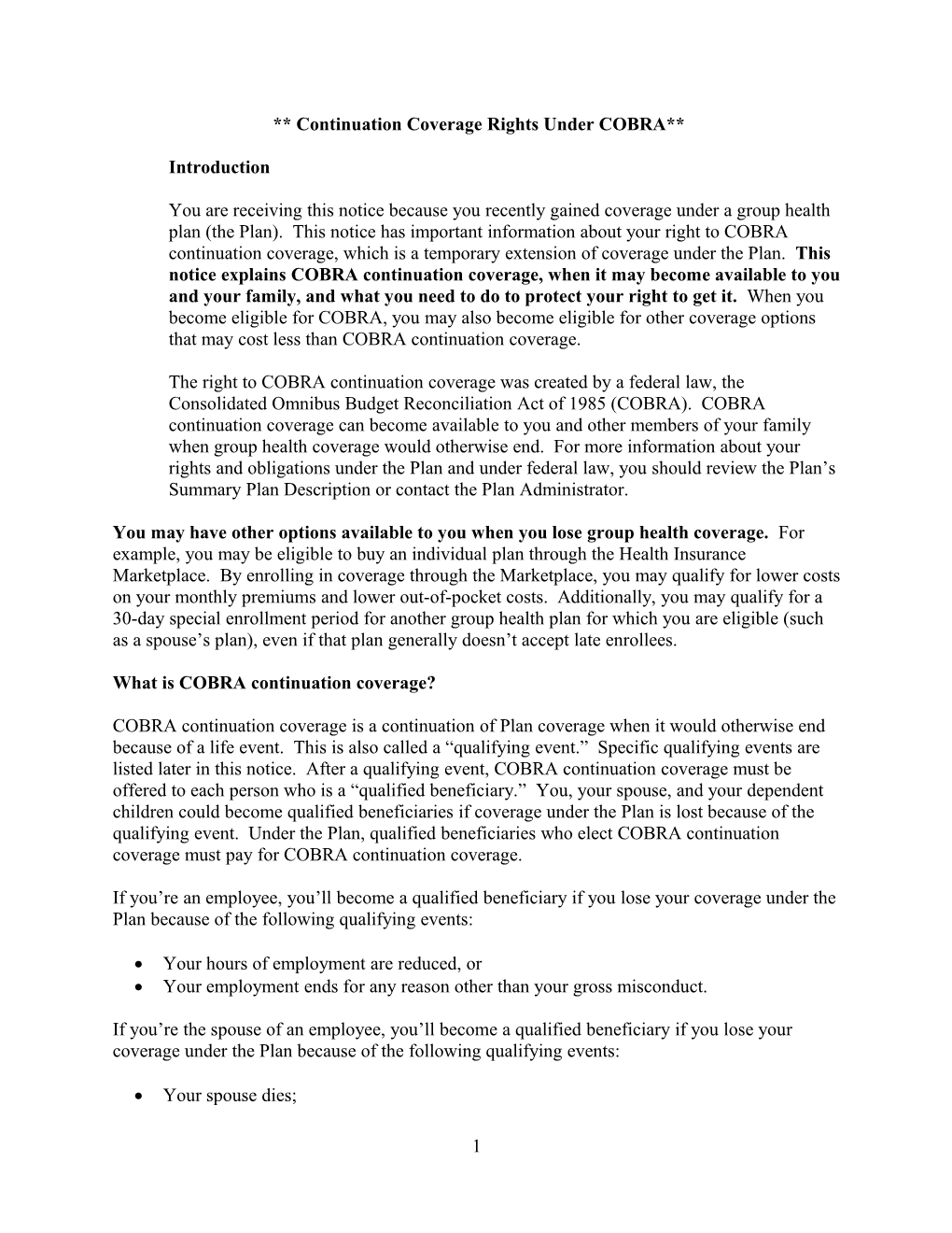 Continuation Coverage Rights Under COBRA