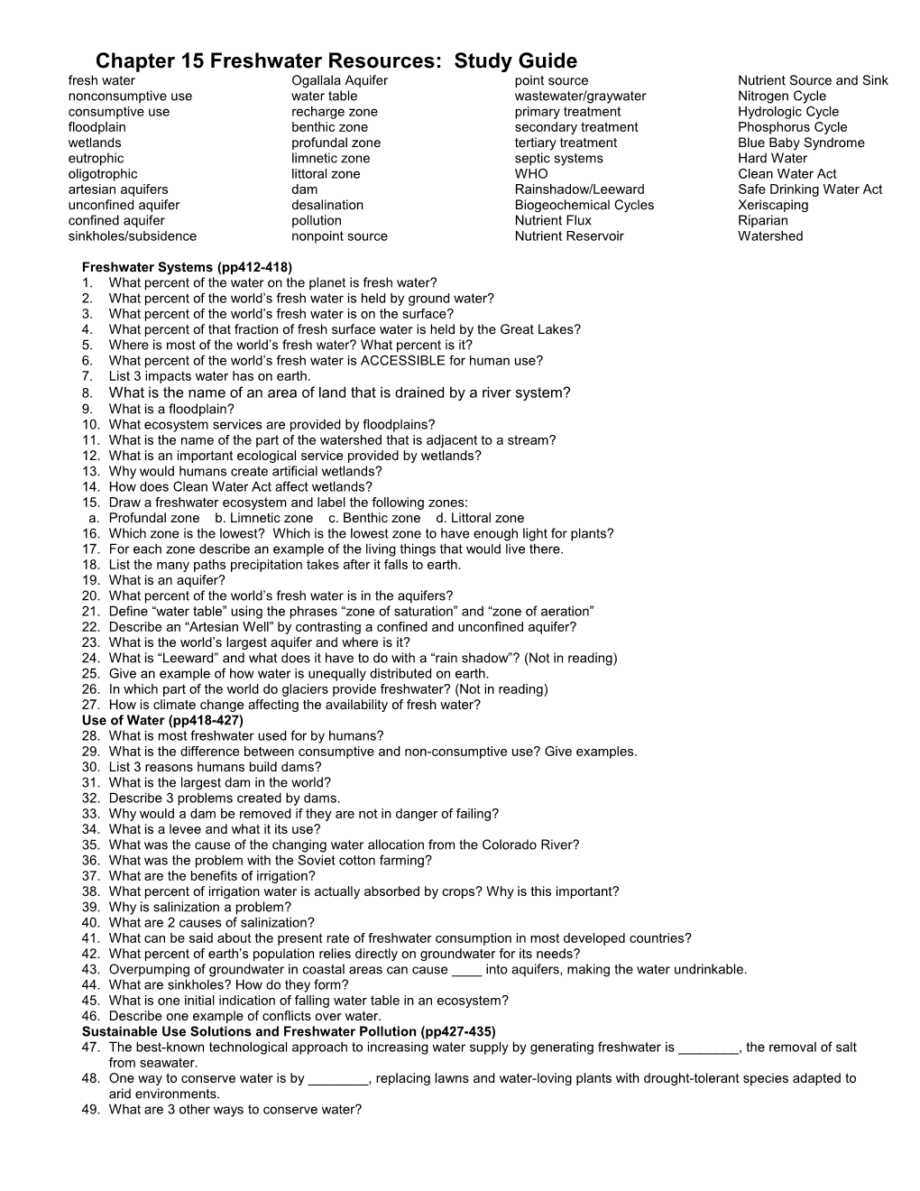 Chapter 15 Freshwater Resources: Study Guide