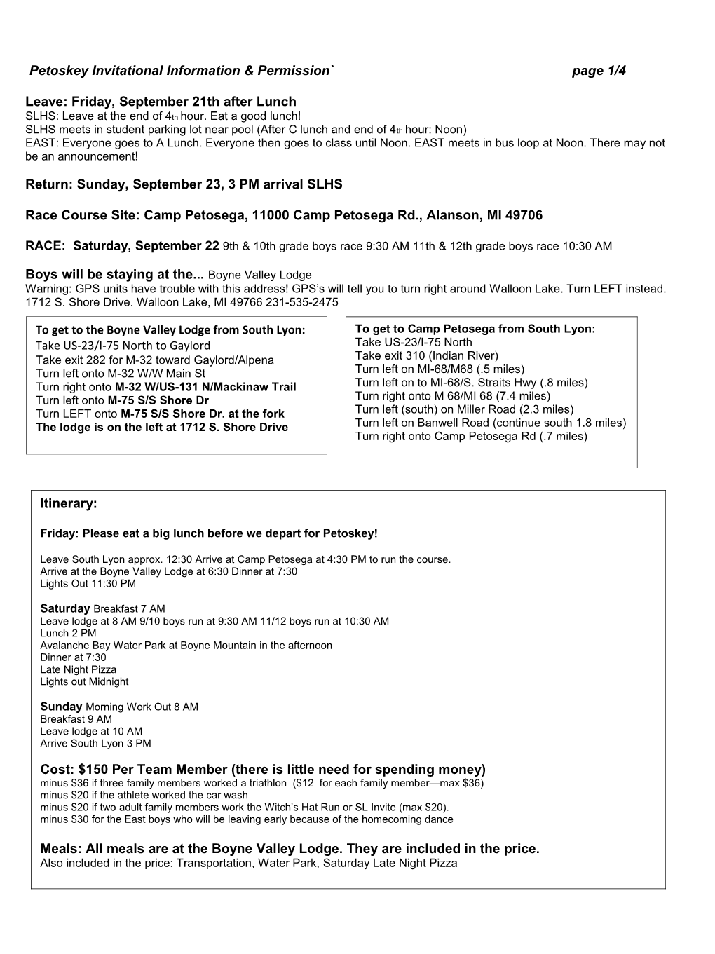 Petoskey Invitational Information & Permission Page 1/4