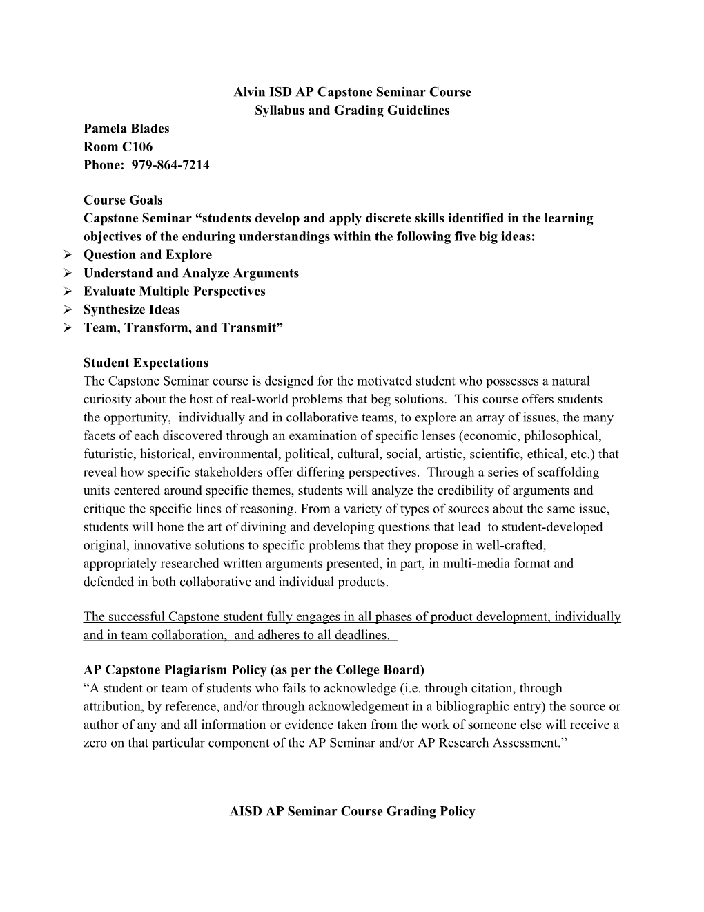 (Blades) AP Capstone Seminar Student Syllabus & Grading Policy