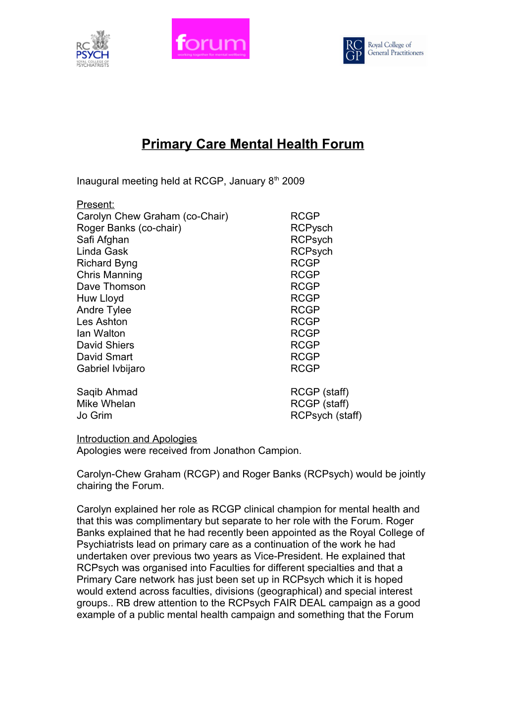 Forum for Mental Health in Primary Care