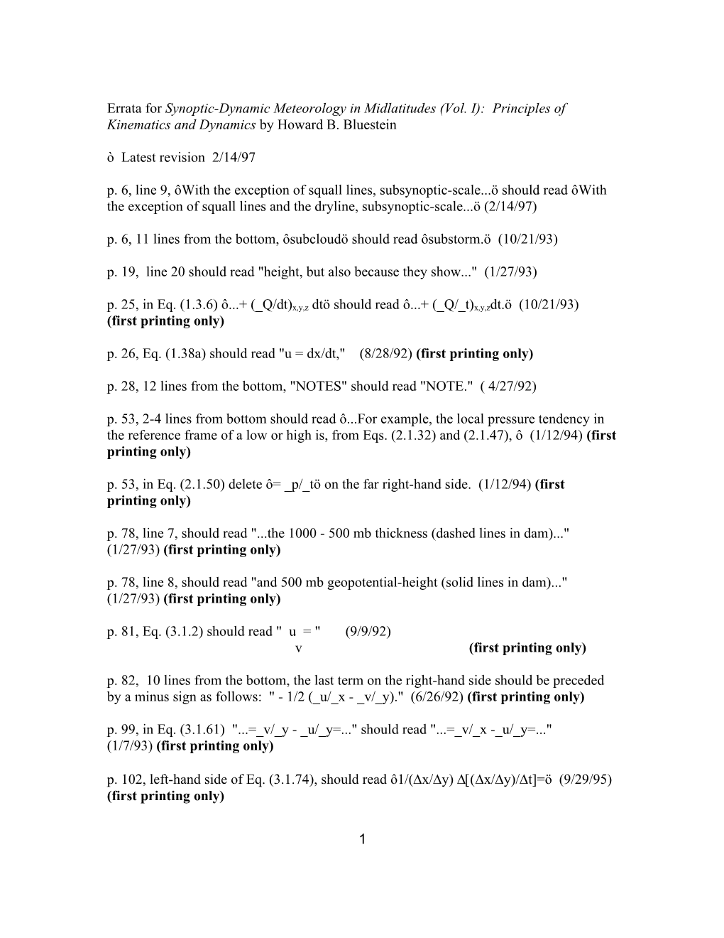 Errata for Synoptic-Dynamic Meteorology in Midlatitudes (Vol