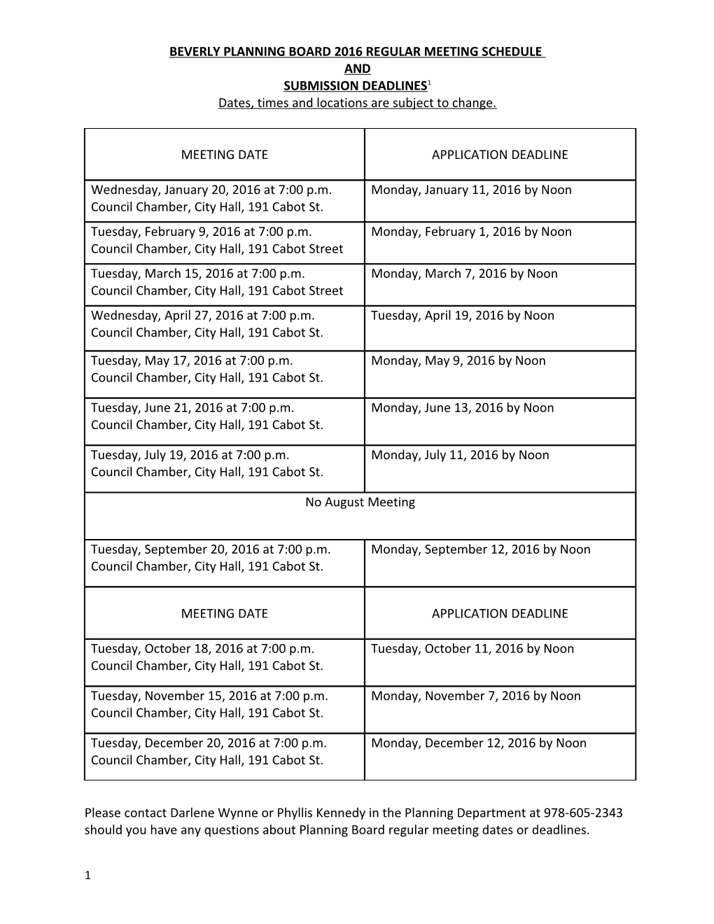 Beverly Planning Board 2016 Regular Meeting Schedule