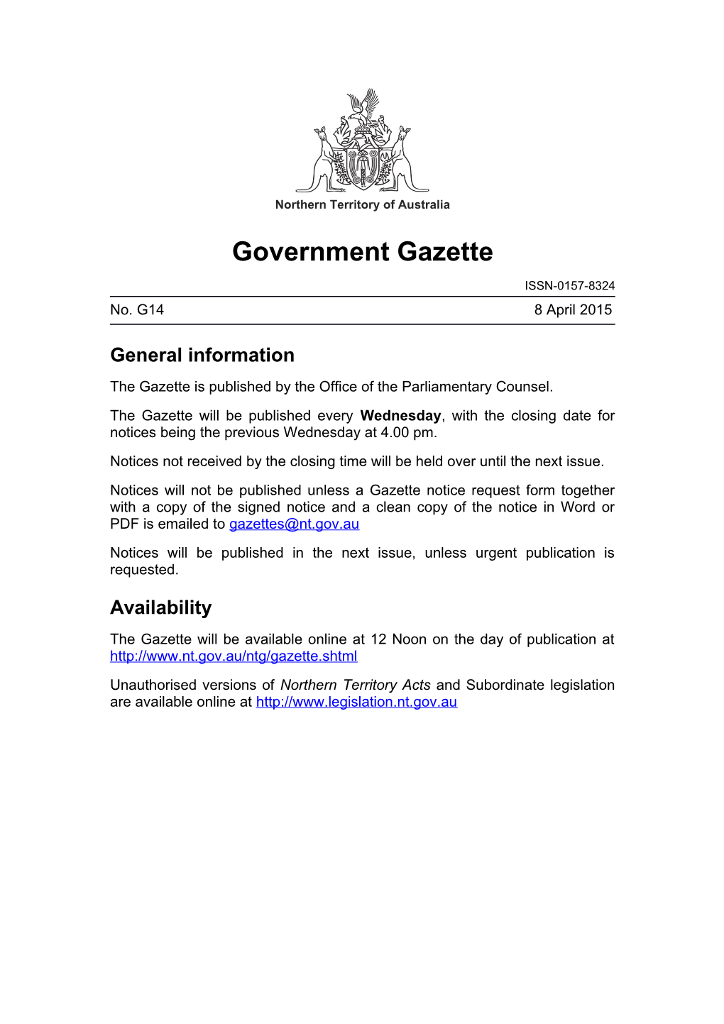 Northern Territory Government Gazette G14 2015