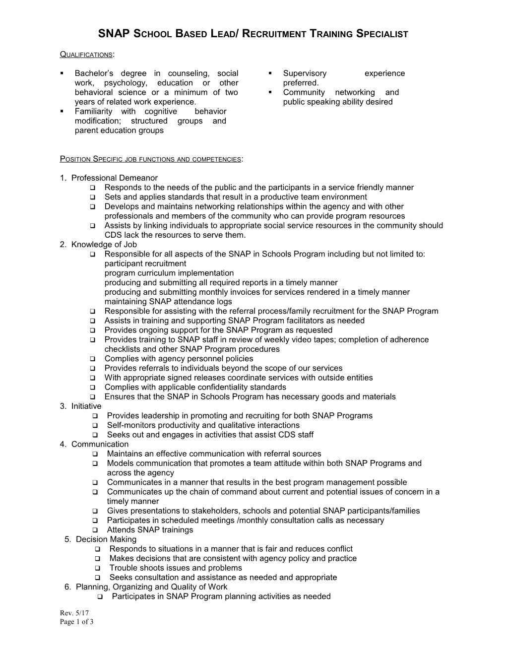 SNAP Schoolbased Lead/ Recruitment Training Specialist