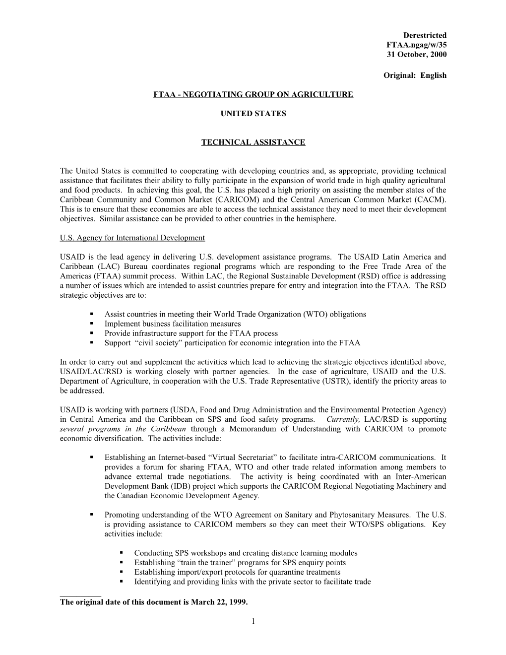 FTAA.Ngag/W/35 31 October 2000 United States Technical Assistance