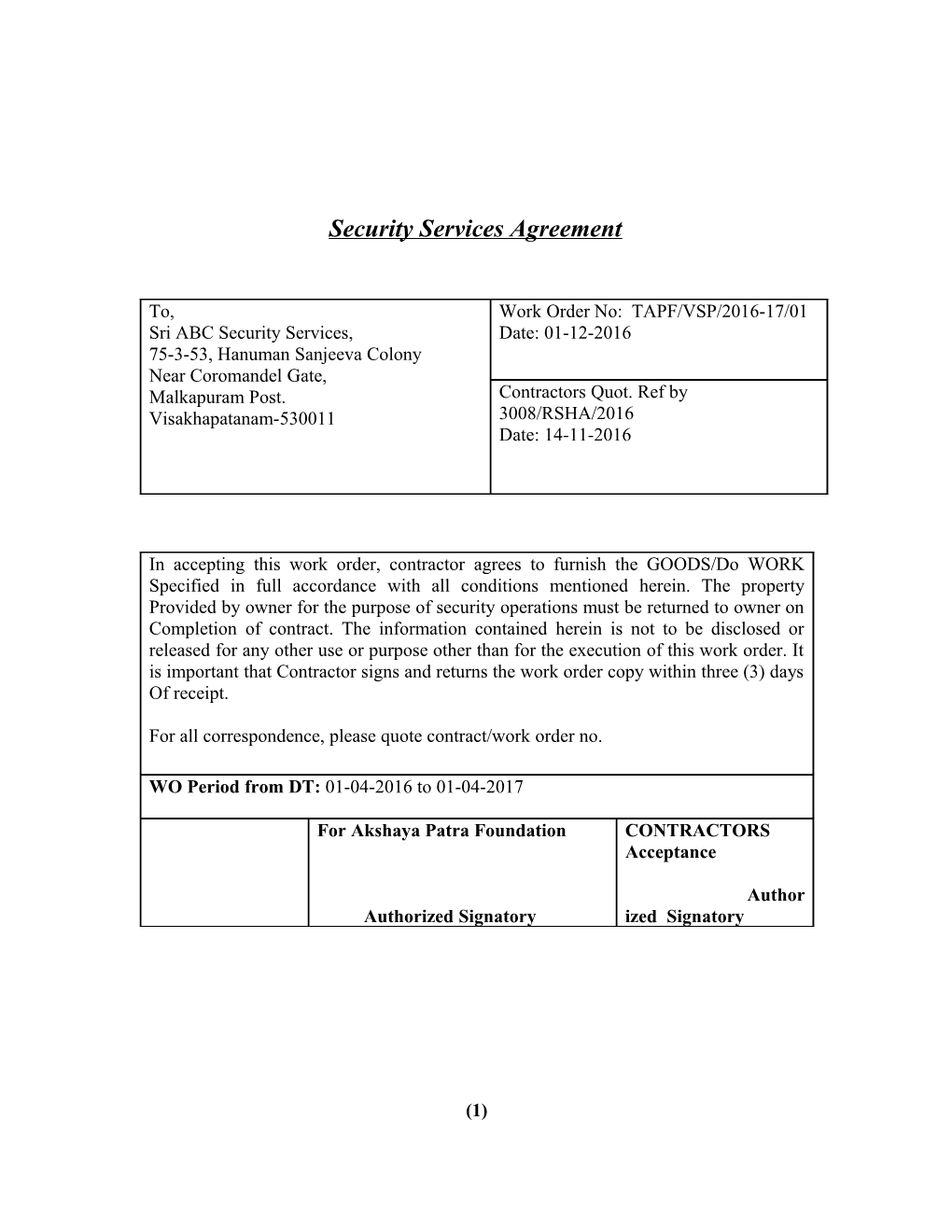 Security Services Agreement