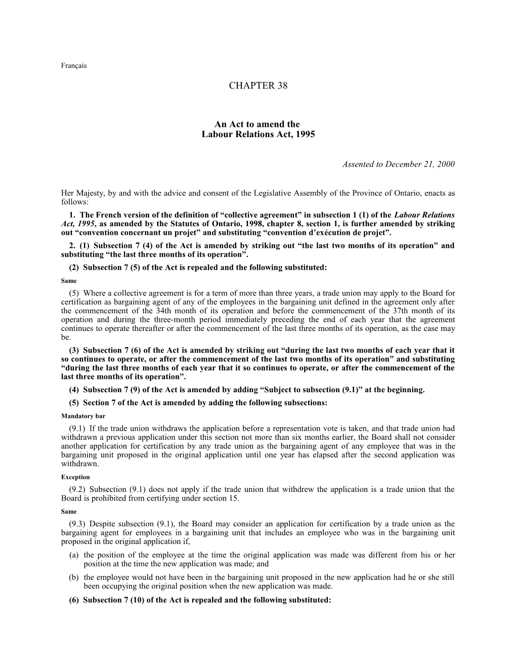 Labour Relations Amendment Act, 2000, S.O. 2000, C. 38 - Bill 139