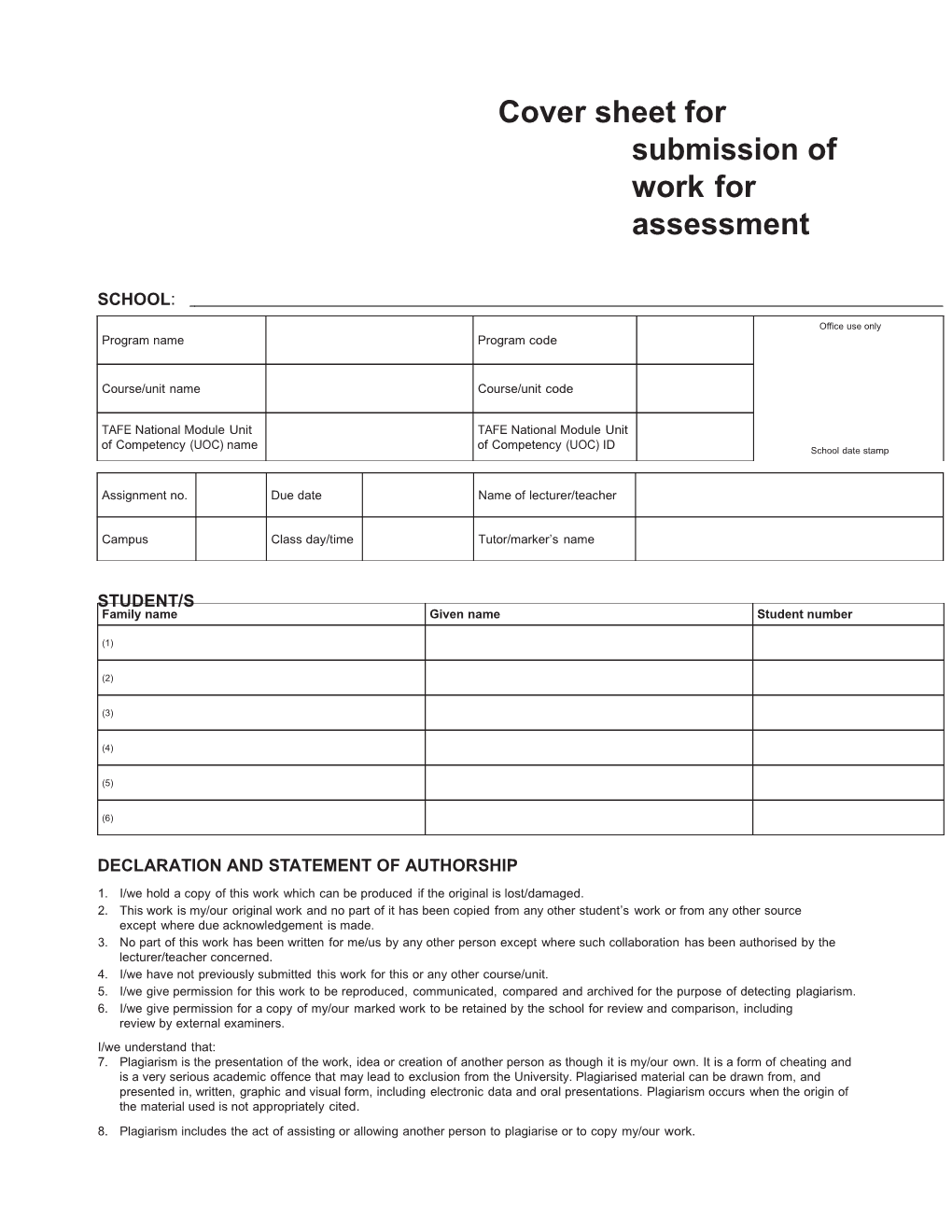 Cover Sheet for Submissionof Workfor Assessment