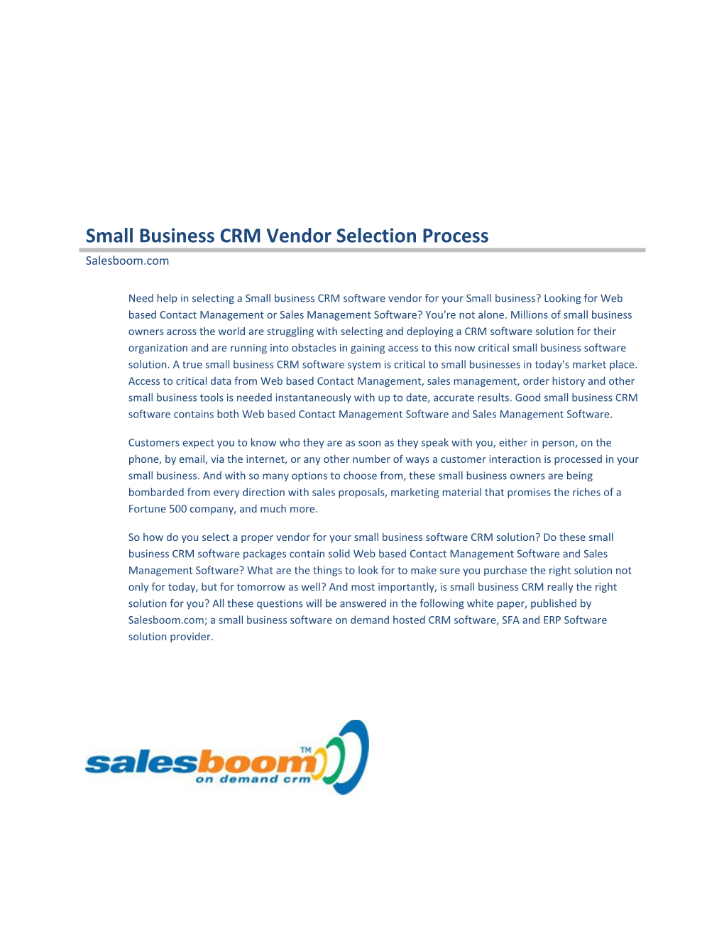 1.0 Pre-Qualify Small Business CRM Software Vendors