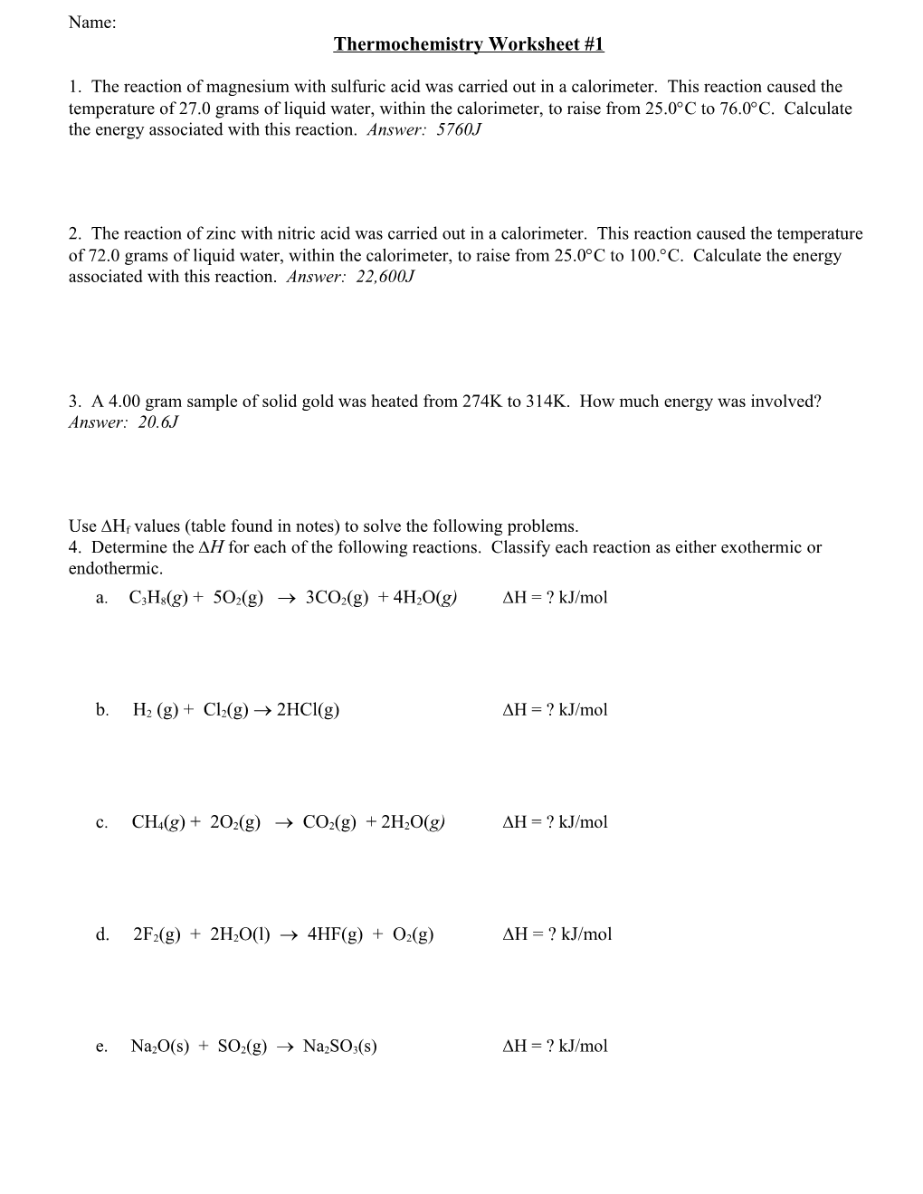 Thermochemistry Worksheet #1