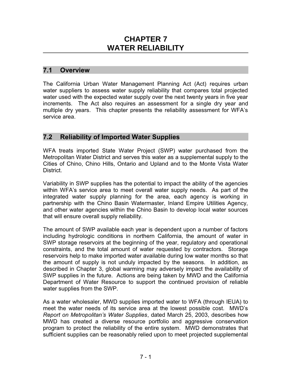 7.2 Reliability of Imported Water Supplies