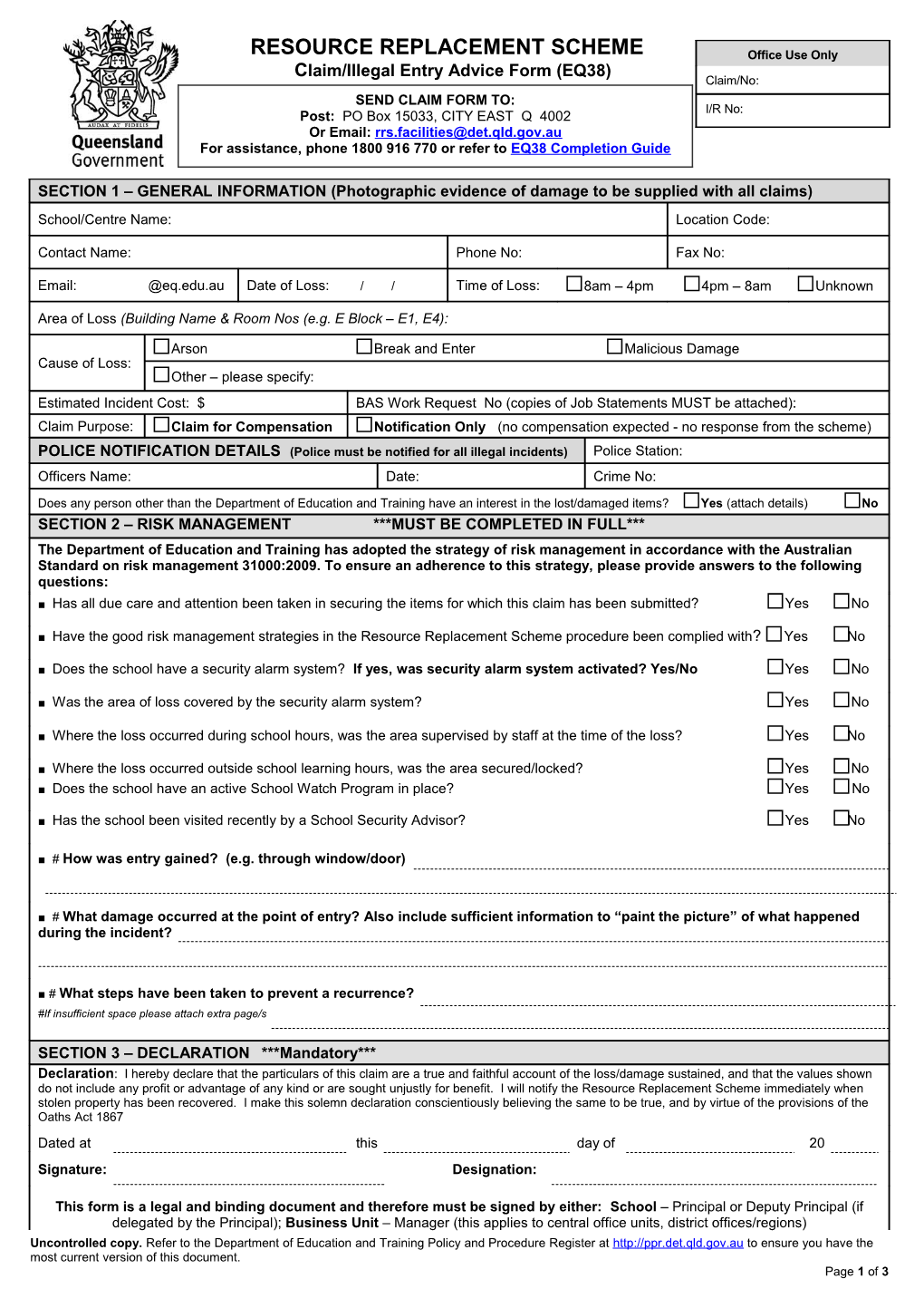 Claim/Illegal Entry Advice Form (EQ38)