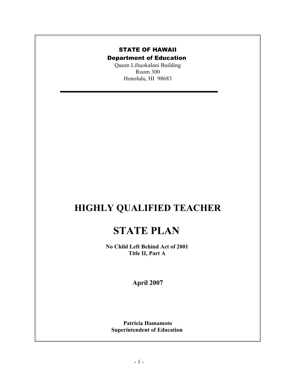 Hawaii - Revised Highly Qualified Teachers State Plan (MS WORD)