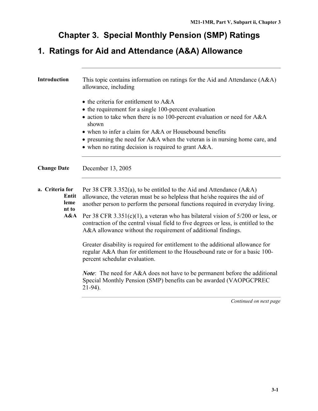 M21-1MR, Part V, Subpart Ii, Chapter 3. Special Monthly Pension (SMP) Ratings