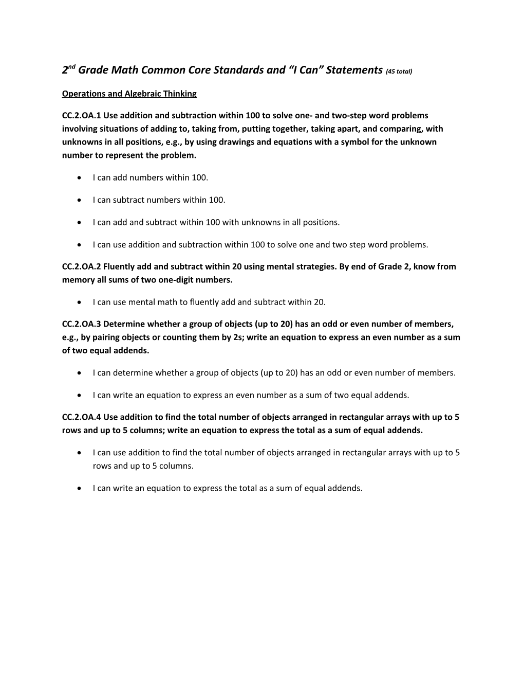 2Nd Grade Math Common Core Standards and I Can Statements (45 Total)