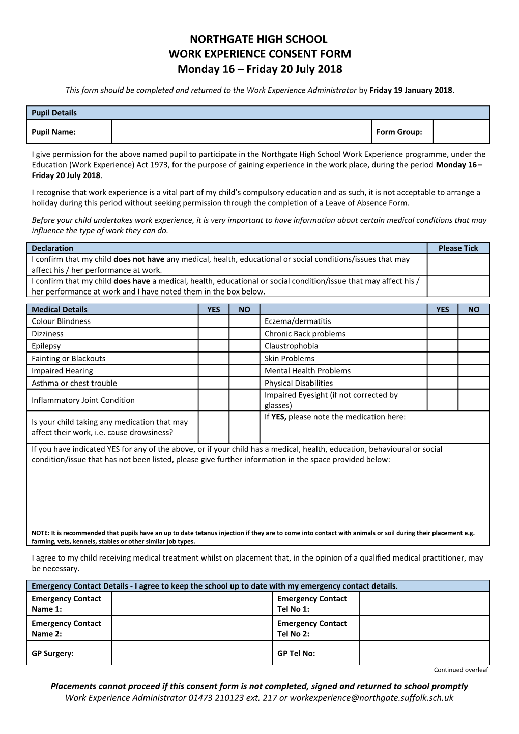 This Form Should Be Completed and Returned to the Work Experience Administrator by Friday