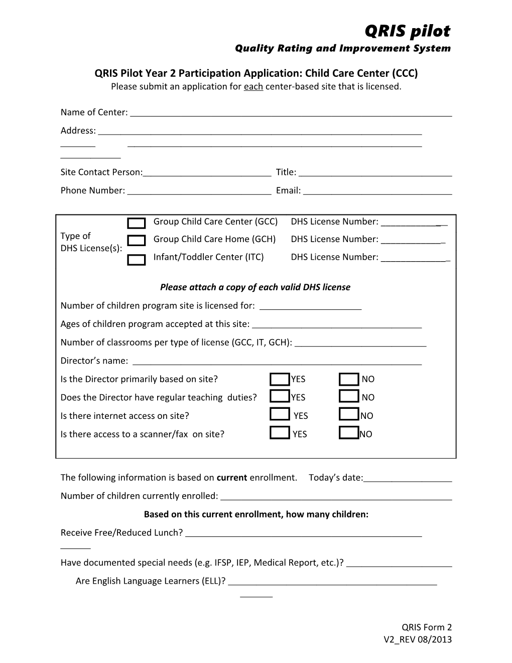 QRIS Pilot Year 2 Participation Application: Child Care Center (CCC)