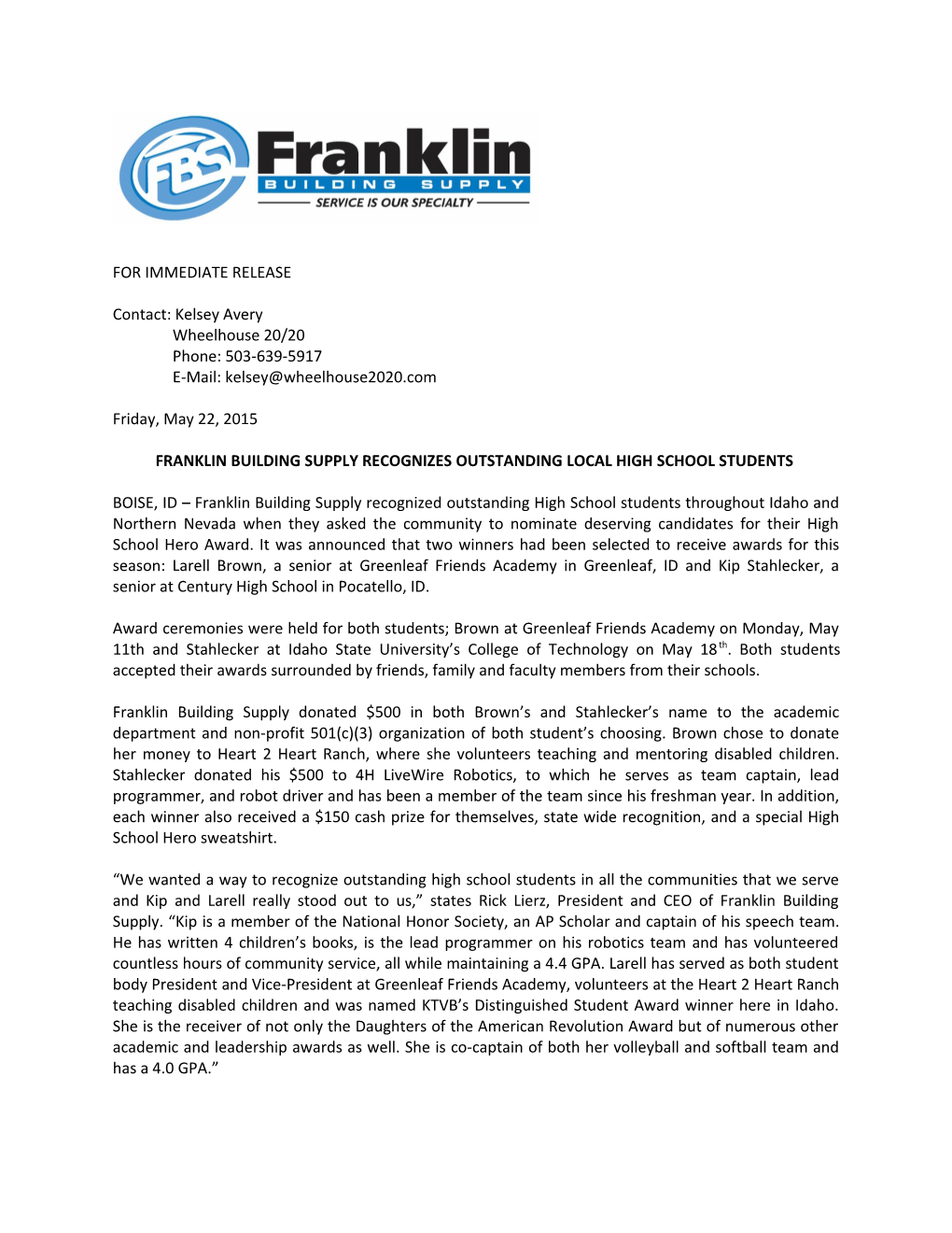 Franklin Building Supply Recognizes Outstanding Local High School Students