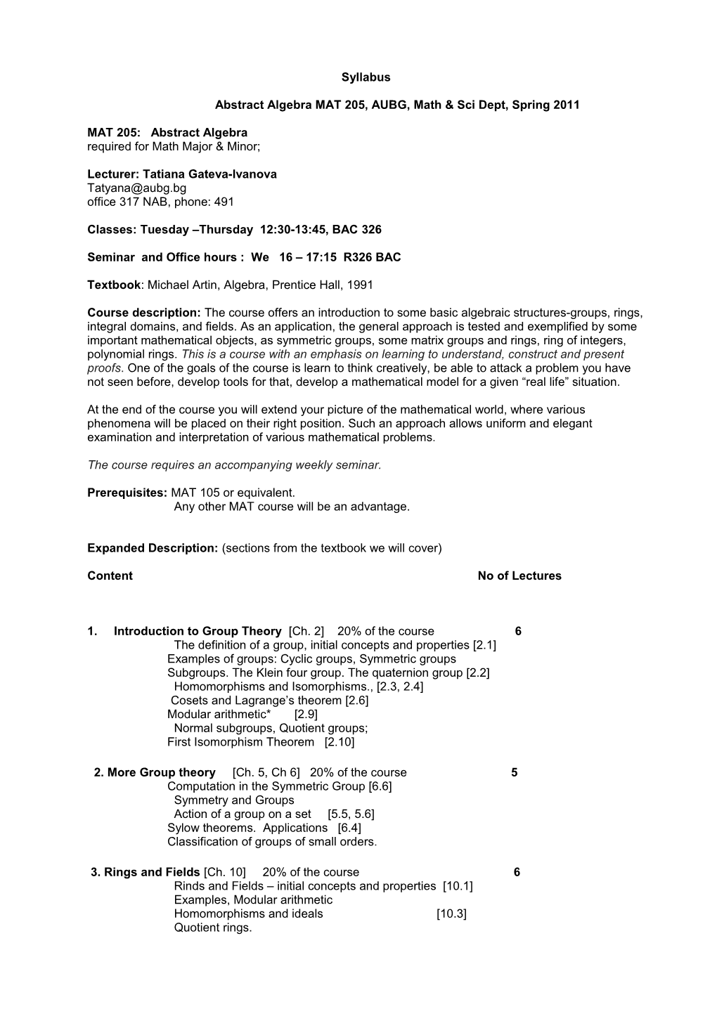 Abstract Algebra MAT 205, AUBG, Math & Sci Dept, Spring 2011