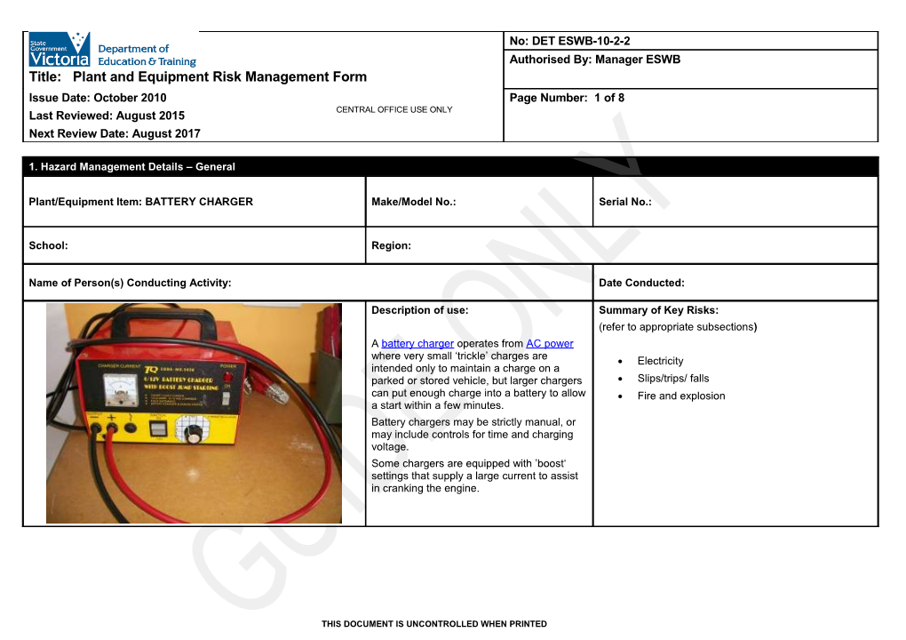 Plant and Equipment Risk Management Form - Battery Charger