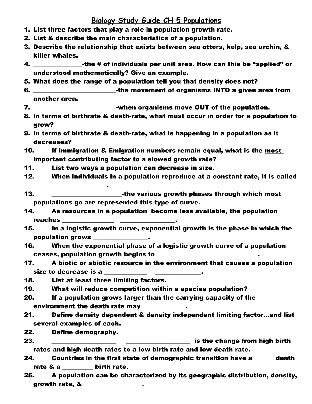 Biology Study Guide CH 5 Populations