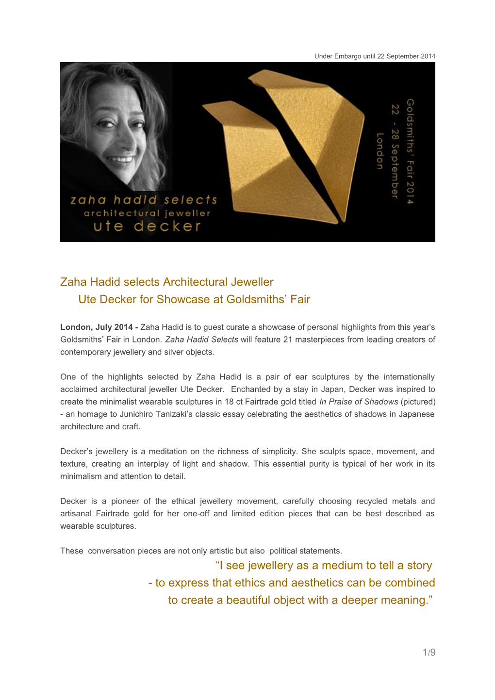 Zaha Hadid Selects Architectural Jeweller Ute Decker Forshowcase at Goldsmiths Fair
