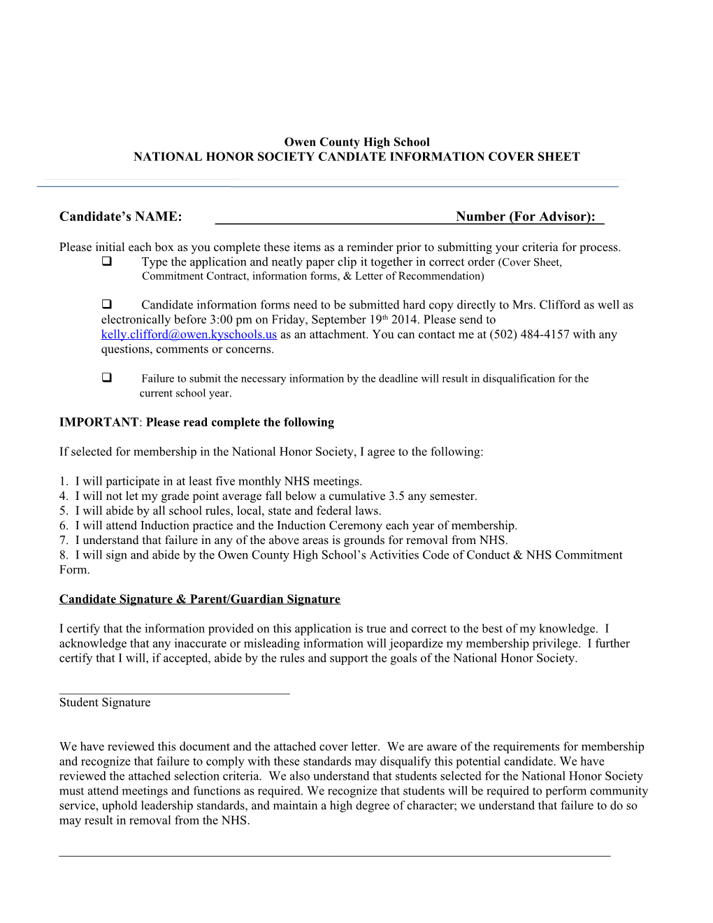 Redfield High School National Honor Society Application