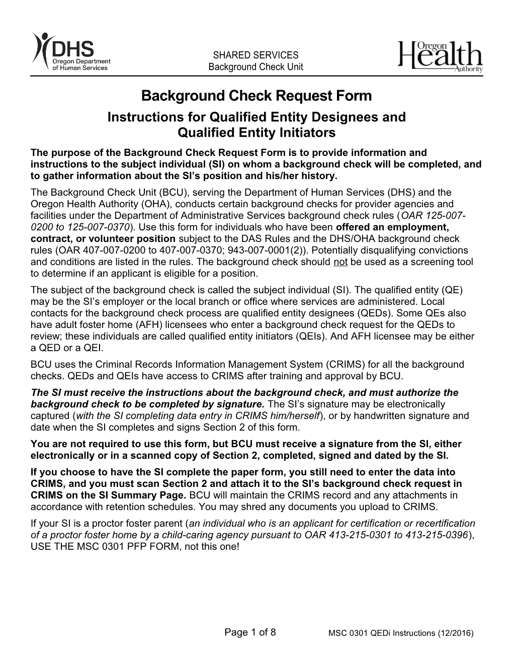 DE 0301QED-Inst 11/12, BACKGROUND CHECK REQUEST FORMINSTRUCTIONS for QUALIFIED ENTITY