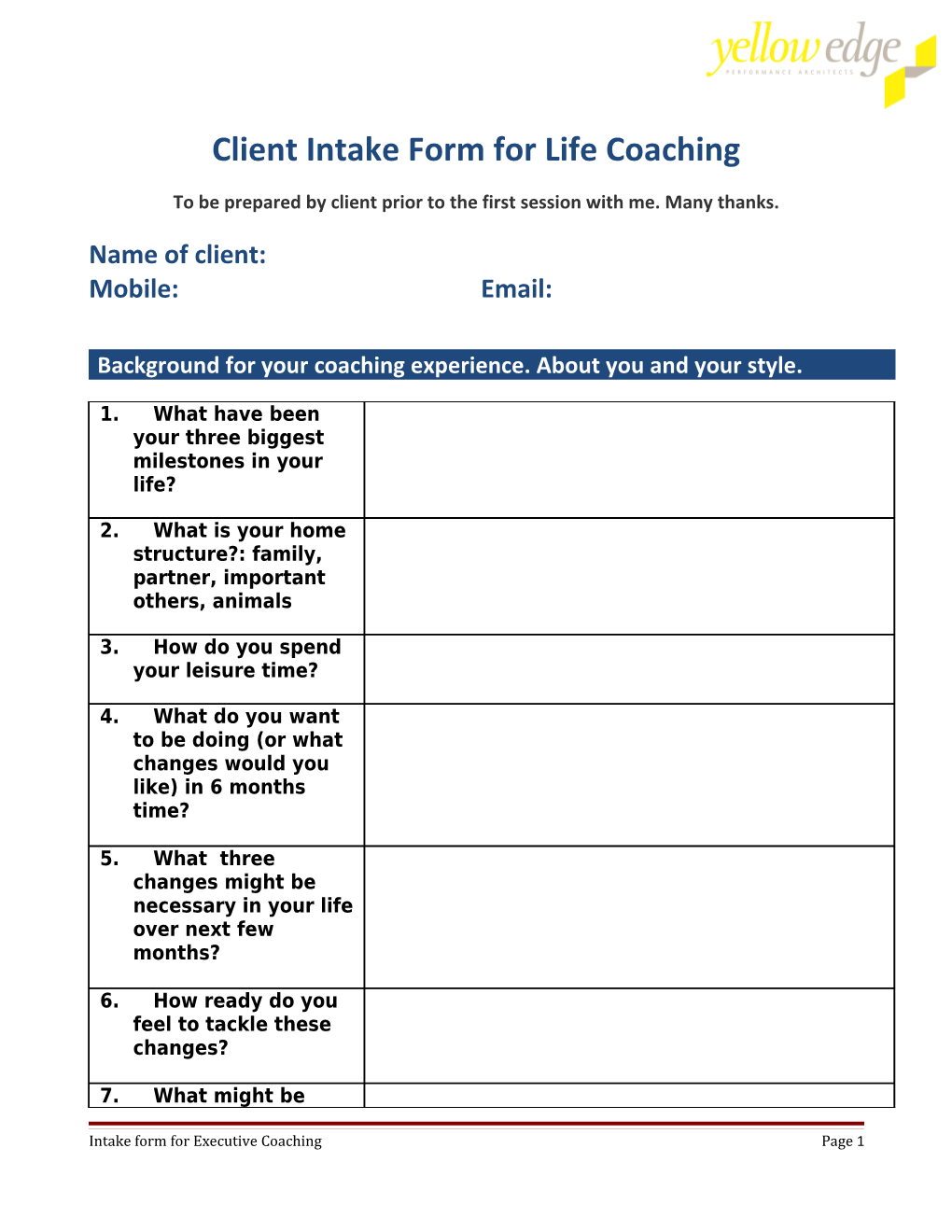 Client Intake Form for Life Coaching