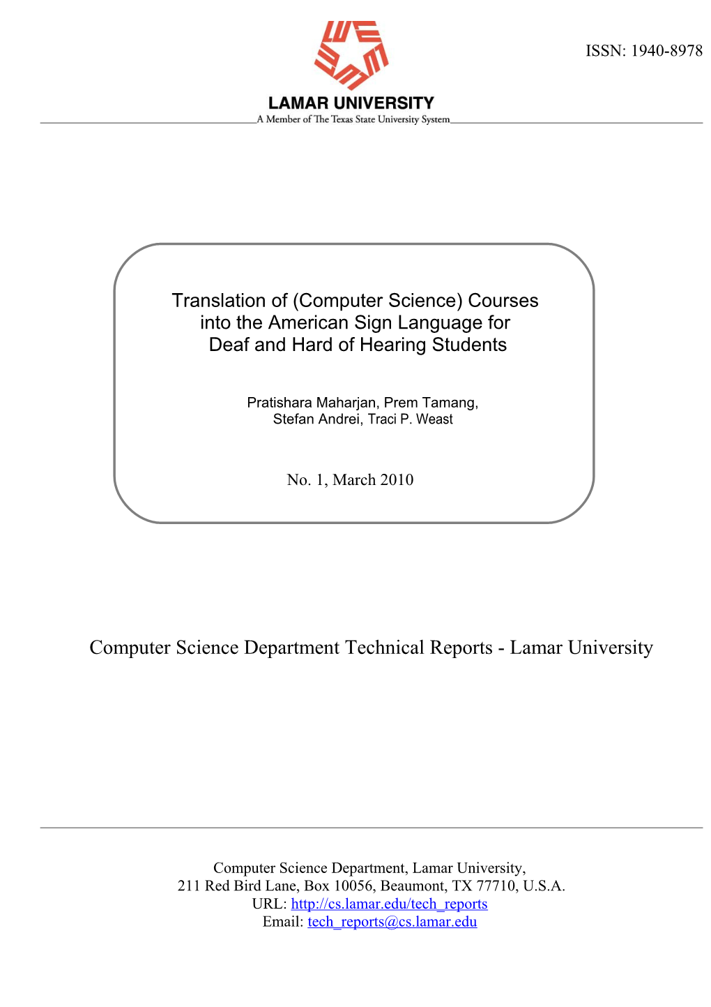 Computer Science Department Technical Reports - Lamar University