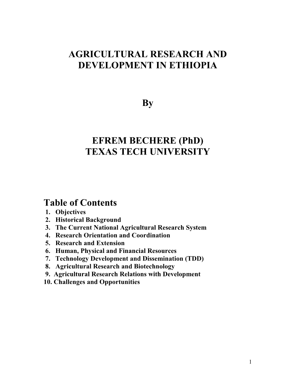 Agricultural Research and Development in Ethiopia