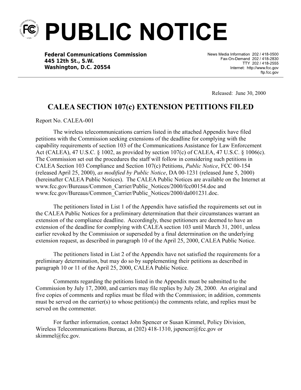 CALEA SECTION 107(C) EXTENSION PETITIONS FILED