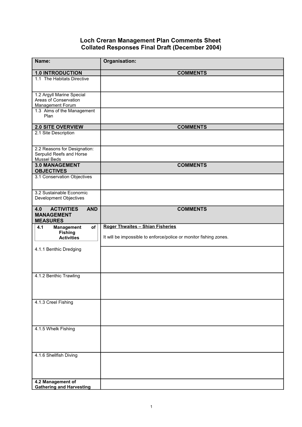 Loch Creran Management Plan Comments Sheet