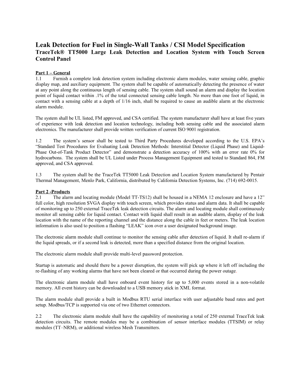 Leak Detection for Direct Bury Fuel in Single-Wall Piping / CSI Model Specification