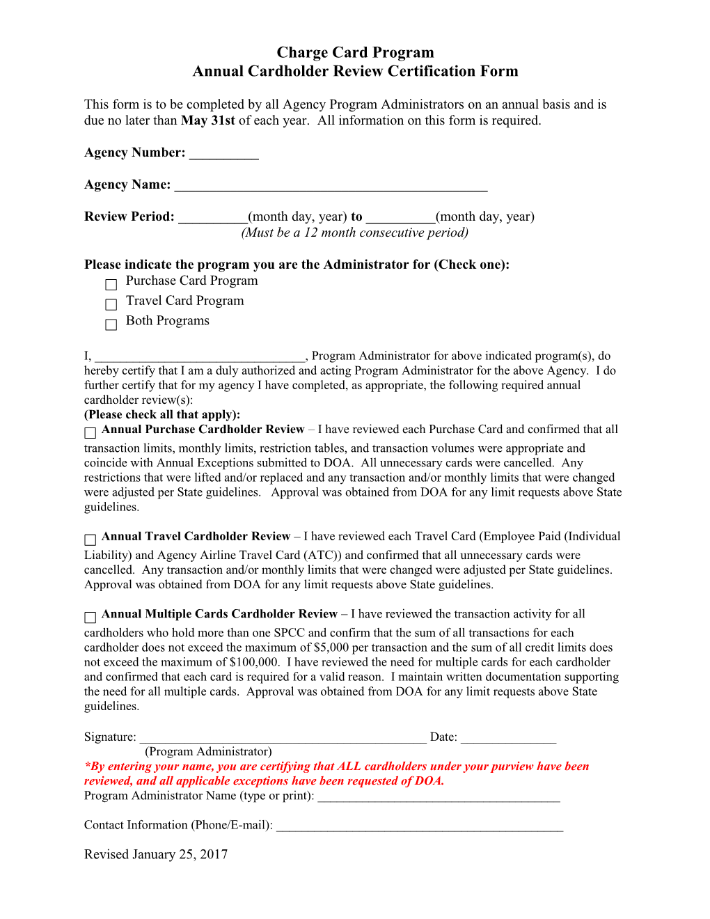 Annual Cardholder Review Certification Form